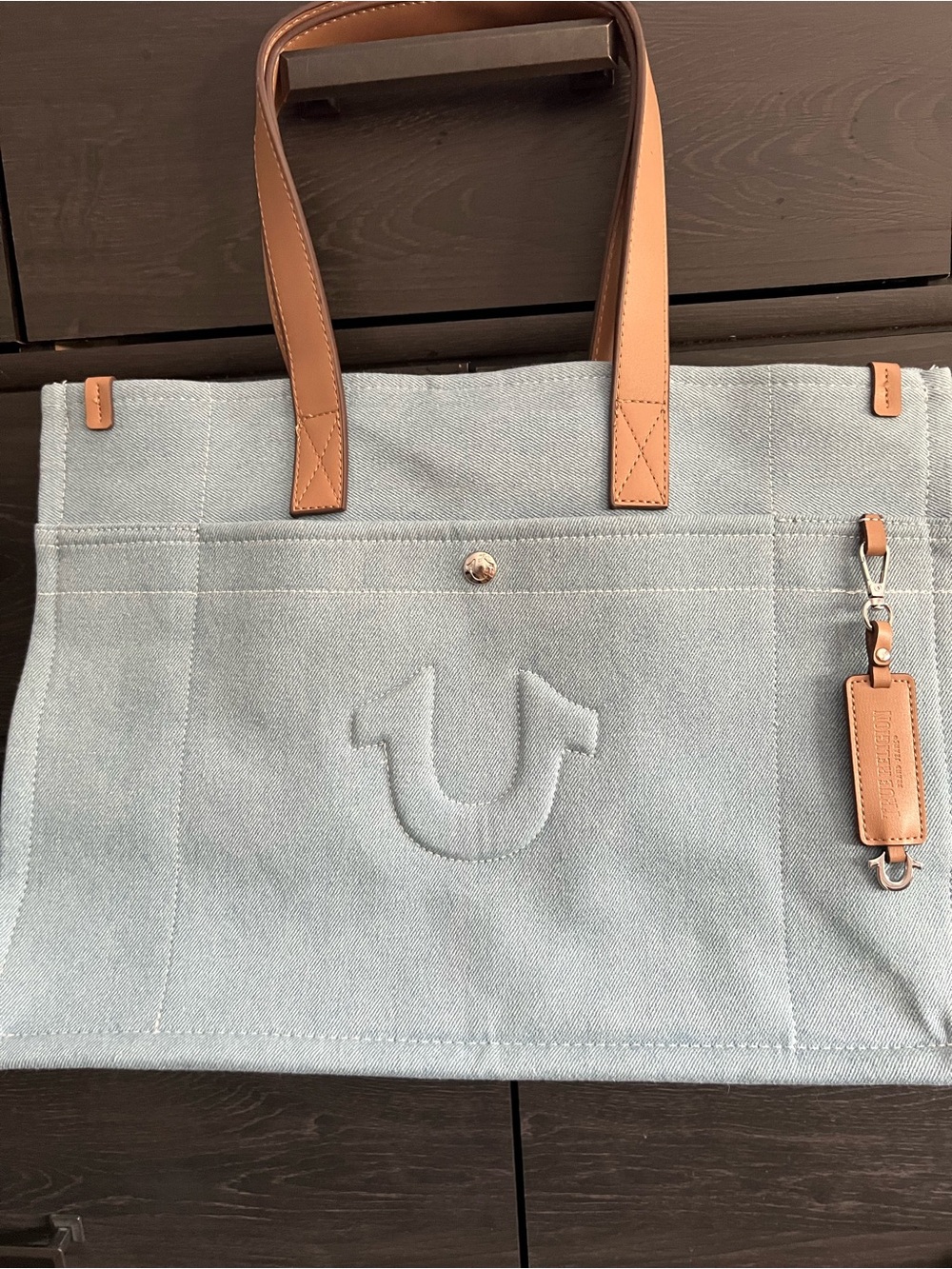 True religion Light Blue Canvas Tote with Tan Leather Tag